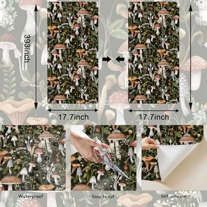 Mushroom Wallpaper Peel and Stick Black Contact Paper 17.7"×393" - color: Black, size: 17.7" x 393"