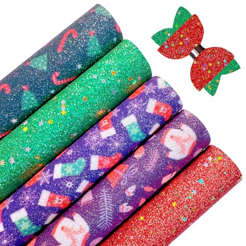 Christmas Snowflake Printed Faux Leather Sheets 8 x 12 Inch, Shiny Fine Glitter Fabric for Bows, Crafts, Earrings (Christmas B) - color: Christmas B