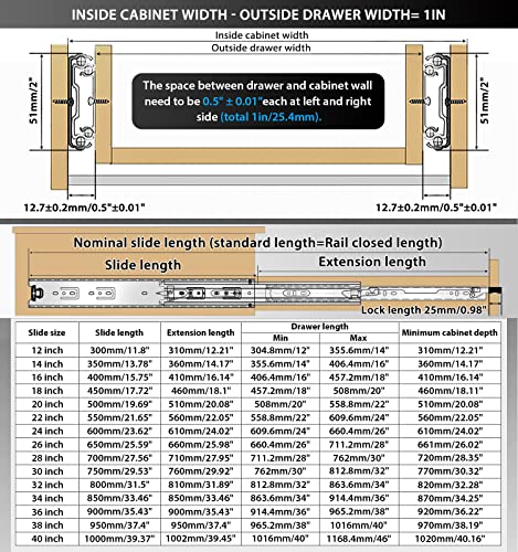 Heavy Duty Locking Drawer Slides Load 136 lbs Full Extension Runners with Lock 12 14 16 18 20 22 24 26 28 30 32 34 36 38 40 Inch Side Mount Rails for Drawer Capacity 136 lb 1 Pair - size: 22 Inch, style: With lock