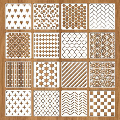 16 Pcs Geometric Stencils Reusable Texture Stencils Layering Stencil Abstract Layering Stencil Modern Geometric Patterns Textures for Painting on Wall Scrapbook Furniture Decor DIY Crafts Art