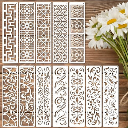 12 Geometric Border Stencils for Painting, Modern Trim for Furniture 12x3 - color: Geometric