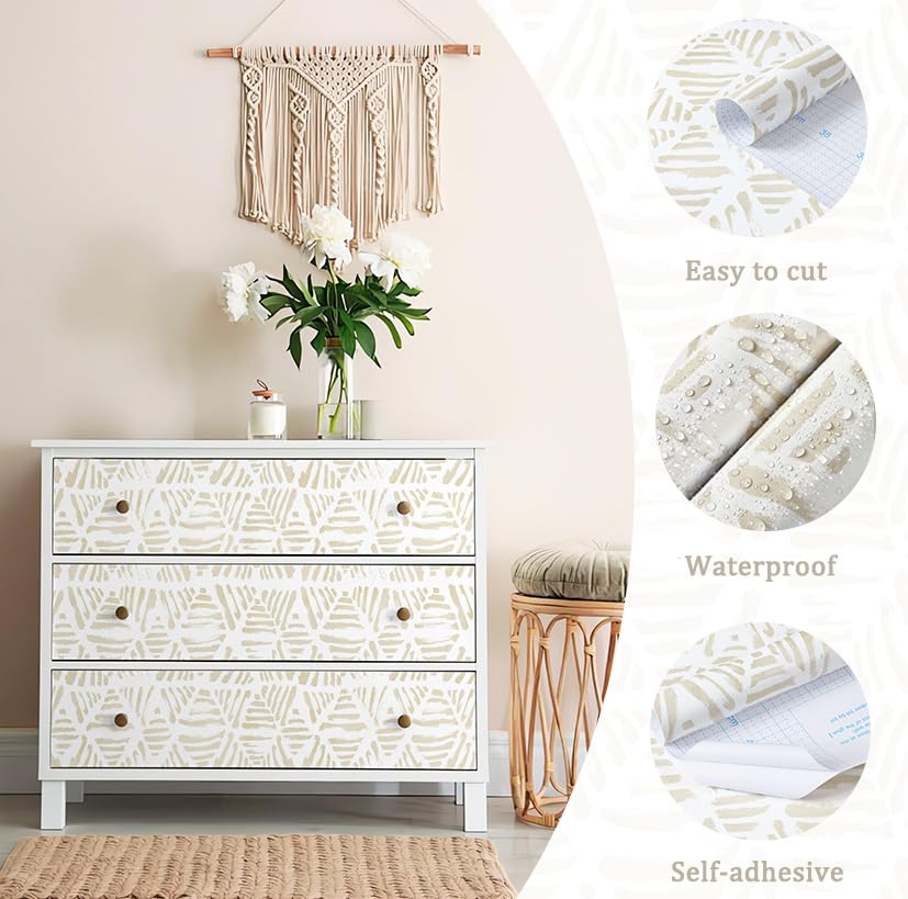 Peel and Stick Wallpaper Boho Wallpaper Geometric Beige and White Contact Paper Modern Striped Self-Adhesive Removable Wall Paper for Bedroom Cabinets Drawers Vinyl Roll 17.3" x 78.7" - color: Beige && White, size: 17.3" x 78.7"