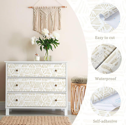 Peel and Stick Wallpaper Boho Wallpaper Geometric Beige and White Contact Paper Modern Striped Self-Adhesive Removable Wall Paper for Bedroom Cabinets Drawers Vinyl Roll 17.3" x 78.7" - color: Beige && White, size: 17.3" x 78.7"