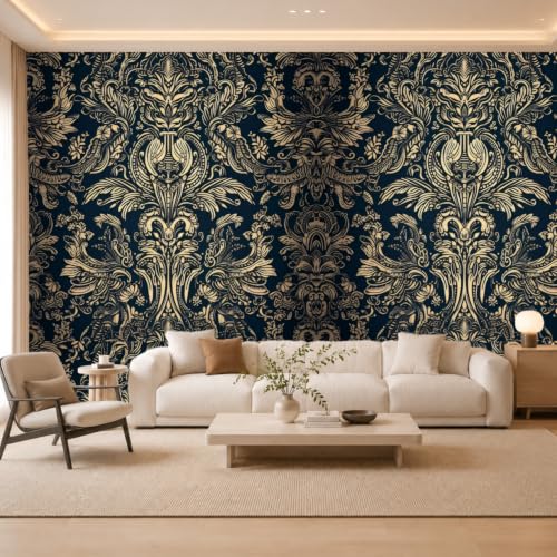 Peel and Stick Wallpaper, Dark Blue Gold Damask Pattern, 236in x 17.7in, Waterproof Vinyl, Removable Reusable, Eco-Friendly, for Bedroom Living Room Rental Apartment - color: Dark03, size: 17.7" x 236.2"
