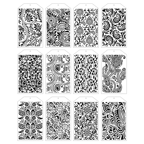 Paisley Element Stencils for Painting - 12 Pcs PET Paisley Peacock Feathers Border Pattern Reusable Stencils Templates for Painting on DIY Wood Canvas Journaling Paper Table Floor and Wall - color: 12pcs-Paisley