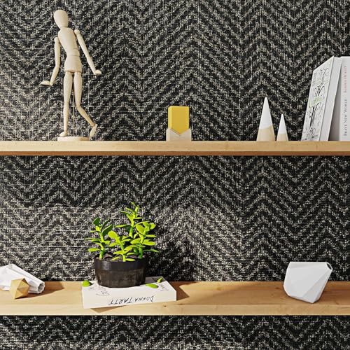 FunStick 15.8"x240" Black and Gold Grasscloth Wallpaper Self Adhesive Fabric Peel and Stick Wallpaper Geometric Wallpaper Removable Modern Herringbone Contact Paper for Bedroom Cabinets Desk Shelves - size: 15.8" x 240"