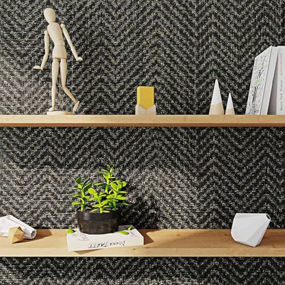 FunStick 15.8"x240" Black and Gold Grasscloth Wallpaper Self Adhesive Fabric Peel and Stick Wallpaper Geometric Wallpaper Removable Modern Herringbone Contact Paper for Bedroom Cabinets Desk Shelves - size: 15.8" x 240"