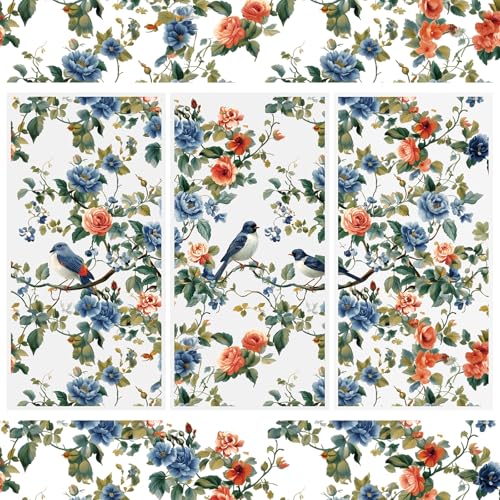 WANDIC 3 Sheets Rub on Transfers for Crafts,Blue Flower and Bird Theme Scrapbooking Stickers Furniture Transfers Journal Stickers Flower Pattern Decals for DIY Water Bottle Window Laptop,15 * 30cm - color: Blue Flower Bird