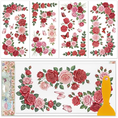 GLOBLELAND 4 Sheets Roses Flowers Corners Furniture Transfers Stickers 6x12inch Pink Roses Rub on Transfer UV Self-Adhesive Stickers Wall Art Craft for Bedroom Living Room Table Decoration