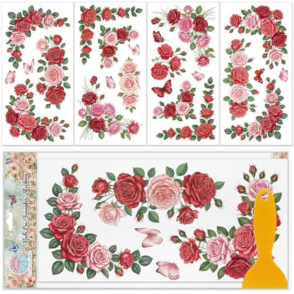 GLOBLELAND 4 Sheets Roses Flowers Corners Furniture Transfers Stickers 6x12inch Pink Roses Rub on Transfer UV Self-Adhesive Stickers Wall Art Craft for Bedroom Living Room Table Decoration