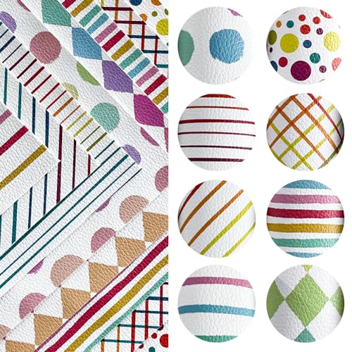 ONEART | 8 Pcs Printed Lychee Texture Faux Leather Sheets, 8"×12" Colorful Geometric Synthetic Leather Fabric for Earrings DIY Crafts Making-Rainbow - color: Rainbow