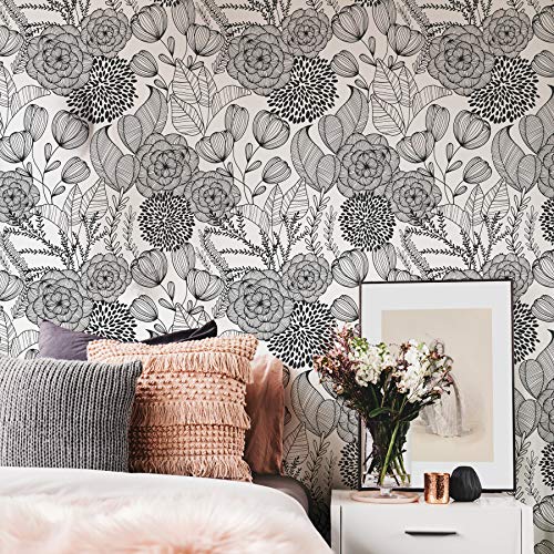 NuWallpaper Secret Garden Peel and Stick Wallpaper, Black, Removable Wallpaper, 20.5 in x 18 ft - color: Black