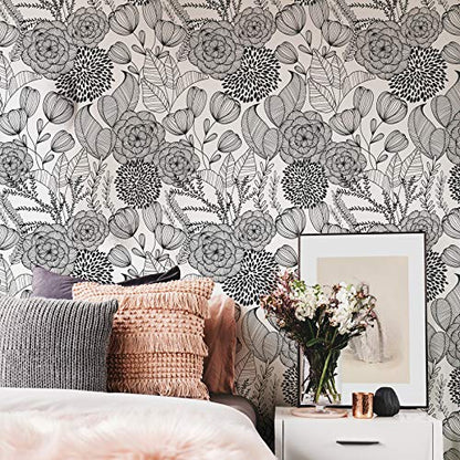 NuWallpaper Secret Garden Peel and Stick Wallpaper, Black, Removable Wallpaper, 20.5 in x 18 ft - color: Black