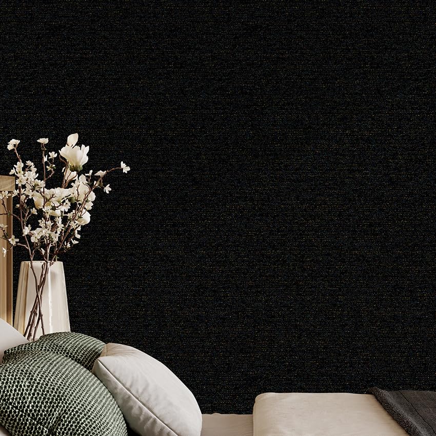 SHUFA Gold Black Cotton-Like Textured Grasscloth Wallpaper Matte Thick Real Woven Fabric Peel and Stick Contact Paper Removable Self Adhesive Washable (16.5"x78.7") A11s - color: Glod Black, size: 16.5"x78.7"