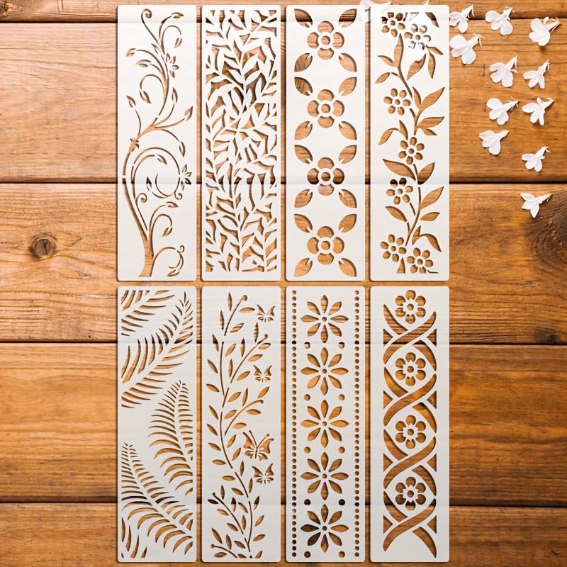 8PCS Border Stencil Floral Craft Paint Template Reusable Plastic Templates 3 * 12inch Flower Vines Stencils Painting on Wood Furniture Wall Canvas Floor