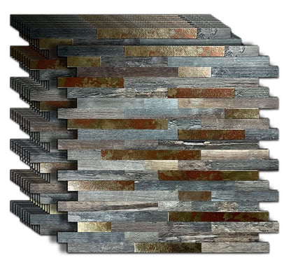 10-Sheet Peel and Stick Backsplash PVC Metal Tile，Self-Adhesive Wood Grain Wall Sticker Easy DIY Stick on Kitchen Bathroom Walls (10, Metal Pattern + Green Wood Grain) - color: Metal Pattern + Green Wood Grain