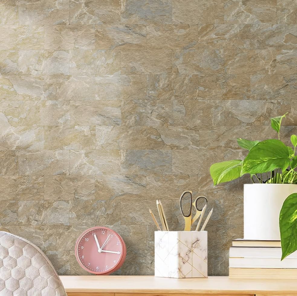 AULIGET 100-Piece Peel and Stick Backsplash Wall Tiles, 3" x 6" PVC Sandstone Faux Stick on Tiles for Backsplash Kitchen, Bathroom, Laundry Room, Camper, Fireplace - color: Sandstone