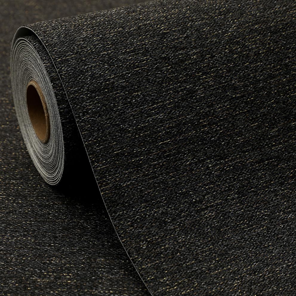 SHUFA Gold Black Cotton-Like Textured Grasscloth Wallpaper Matte Thick Real Woven Fabric Peel and Stick Contact Paper Removable Self Adhesive Washable (16.5"x78.7") A11s - color: Glod Black, size: 16.5"x78.7"
