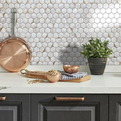 DICOFUN 10-Sheet Hexagon Tile Peel and Stick Backsplash, Beige Stone Look PVC Mixed Gold Metal Mosaic Tiles for Kitchen and Bathroom - color: Stone Beige + Gold Metal Chip, size: 10 Sheets, 12''x12''x0.12''